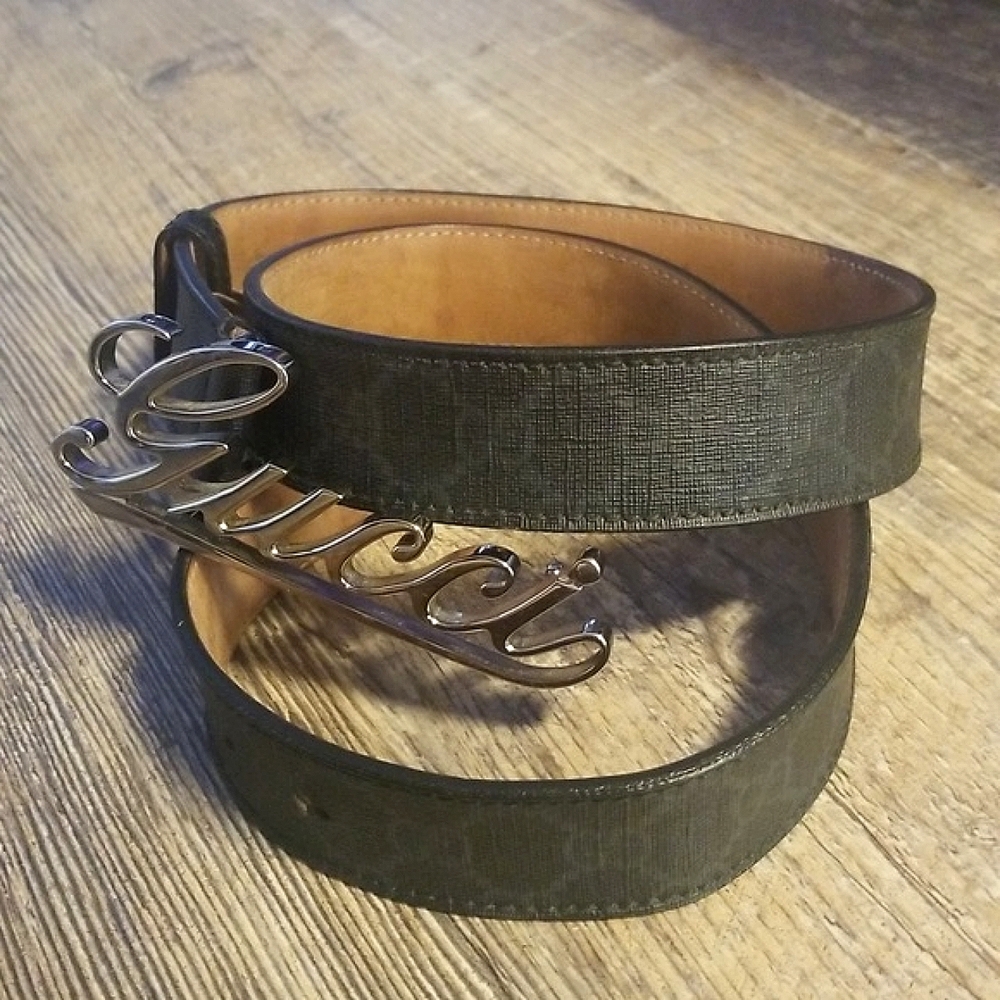 Gucci Size 39-41 Mens Silver Spell Out Buckle Leather Monogram Black Canvas Belt
